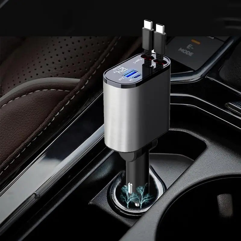 4-in-1-Autoadapter – Einziehbares Kabel, 120-W-Multiport-Universalladegerät für 12-V-/24-V-Fahrzeuge