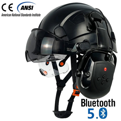 Bouw Veiligheidshelm met Bluetooth 5.0 – Geluidsdempende Oorkappen, Vizier & Zonbescherming, ABS Hardhat