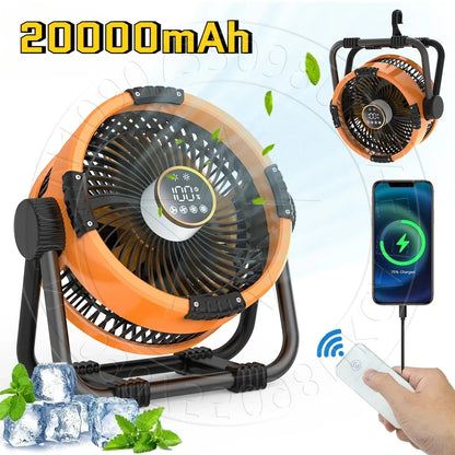 Draagbare Camping Ventilator – 20000mAh Oplaadbare Draadloze Ventilator met Powerbank & Afstandsbediening