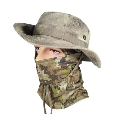 Camouflage-Outdoor-Hut mit Gesichtsbedeckung – UV-Schutz, verstellbarer Boonie-Hut zum Wandern, Angeln und Camping