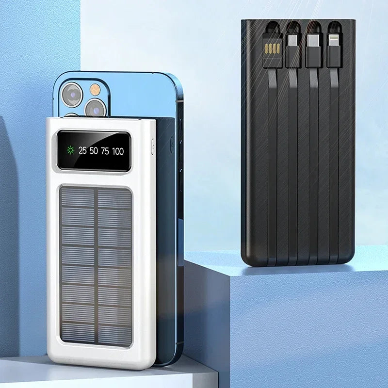 Super Grote Capaciteit Powerbank 2024 – Snelladen met Solar, LED Lamp, Ingebouwde Kabels & USB Poorten