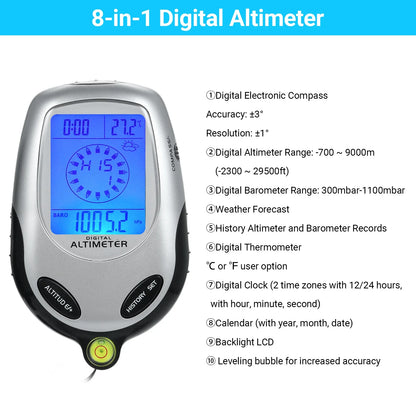 8-in-1 Elektronische Handheld Altimeter – Kompas, Barometer, Thermometer, Weerstation, Tijd & Kalender voor Bergbeklimmen