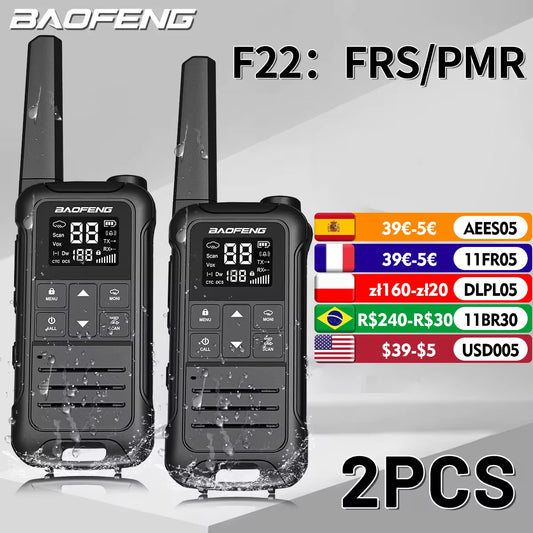 2 Stück Baofeng F22 Mini-Walkie-Talkie – PMR/FRS-lizenzfrei, wasserabweisend, Typ-C wiederaufladbar, mit NOAA, ideal für die Jagd