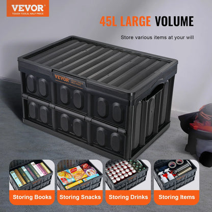 45L/65L Opvouwbare Opslagboxen - Stapelbare Kratten met Deksel en Handvatten voor Kleding, Snacks, Speelgoed en Boodschappen