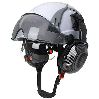 Carbon Fiber Safety Helmet with Visor, Double Goggles and Earmuffs - Industrial Hard Hat for Construction and Climbing