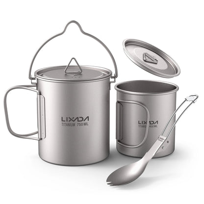3-delige Titanium Kookset – 750ml Pot, 450ml Beker met Deksel en Opvouwbare Spork voor Outdoor Kamperen en Hiking