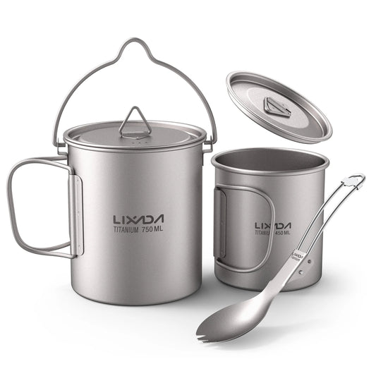 3-teiliges Kochset aus Titan – 750-ml-Topf, 450-ml-Becher mit Deckel und faltbarer Göffel für Outdoor-Camping und Wandern