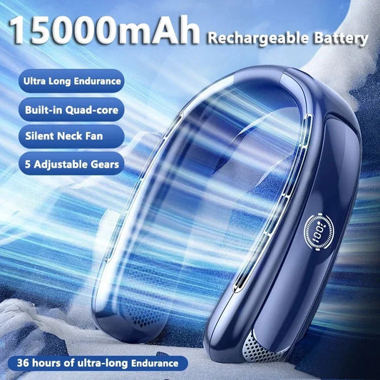 Draagbare Bladloze Nekventilator – 15000mAh Oplaadbare Neck Fan met Slim Display | Stille Handsfree Koeling voor Sport & Outdoor