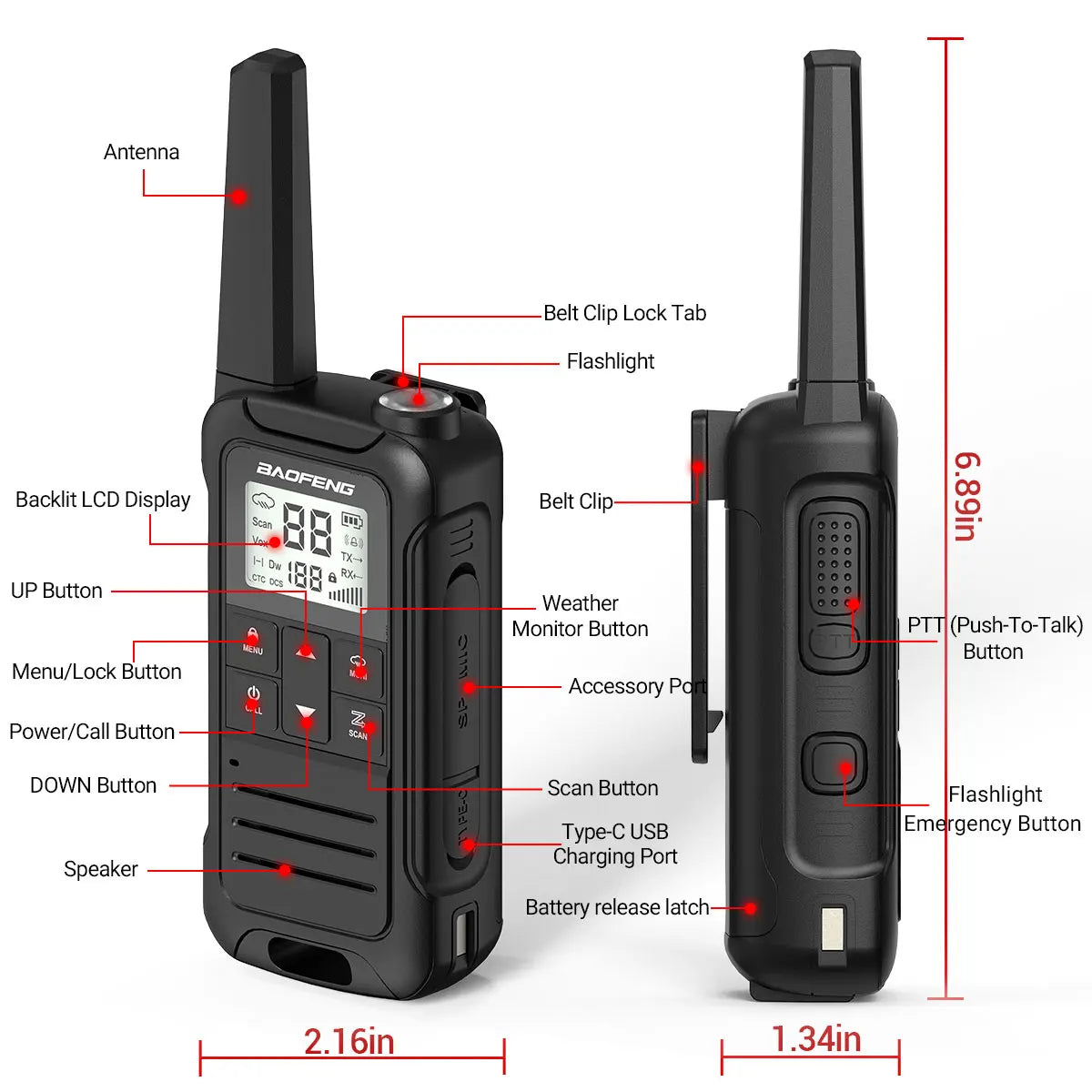2 Stück Baofeng F22 Mini-Walkie-Talkie – PMR/FRS-lizenzfrei, wasserabweisend, Typ-C wiederaufladbar, mit NOAA, ideal für die Jagd