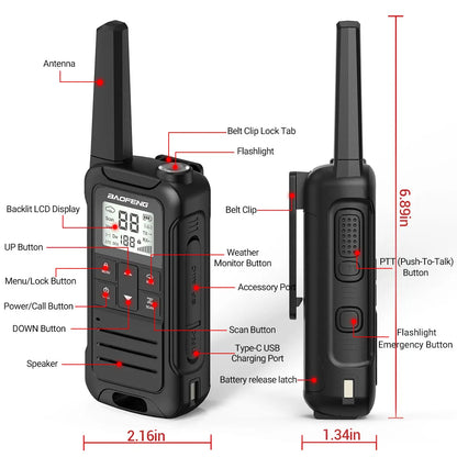 2 Stück Baofeng F22 Mini-Walkie-Talkie – PMR/FRS-lizenzfrei, wasserabweisend, Typ-C wiederaufladbar, mit NOAA, ideal für die Jagd