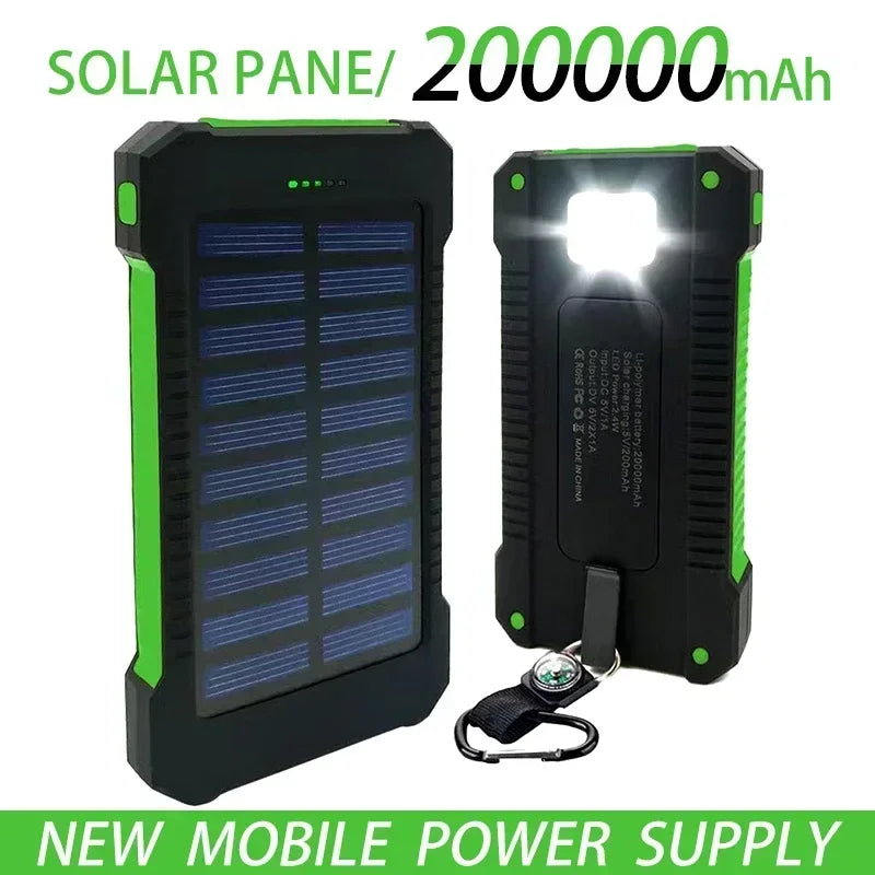 200000mAh Draagbare Solar Powerbank – Waterdichte Externe Batterij met Snelladen & SOS Zaklamp – Powerbank voor Xiaomi & Outdoor