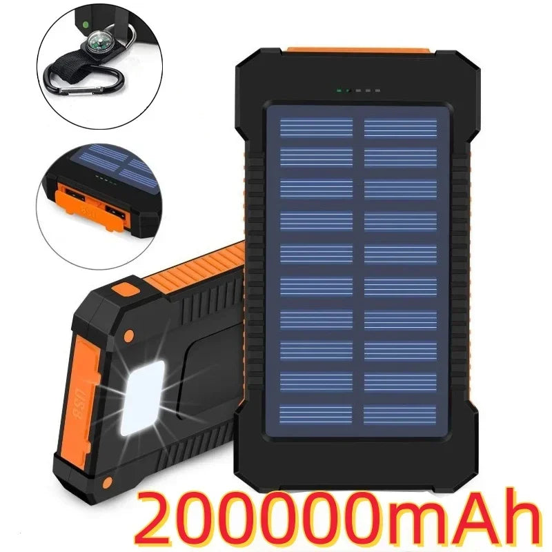 200000mAh Draagbare Solar Powerbank – Waterdichte Externe Batterij met Snelladen & SOS Zaklamp – Powerbank voor Xiaomi & Outdoor