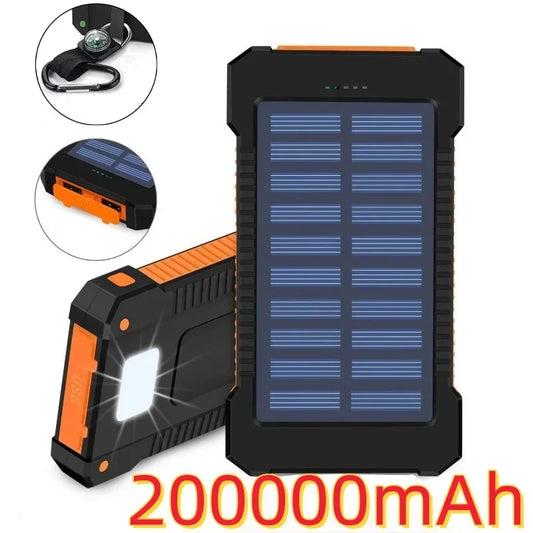200000mAh Draagbare Solar Powerbank – Waterdichte Externe Batterij met Snelladen & SOS Zaklamp – Powerbank voor Xiaomi & Outdoor