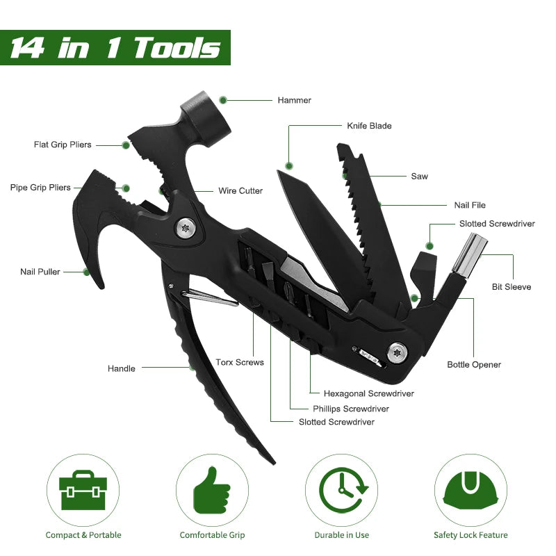 12-in-1 Multitool Hammer – Perfect Gift for Men, Dad, Grandpa or Boyfriend – Survival Tool for Camping and Outdoor