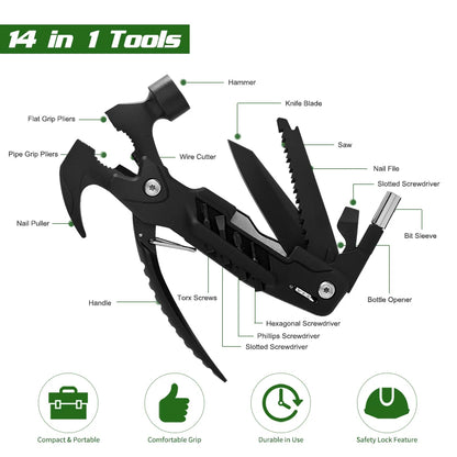 12-in-1 Multitool Hammer – Perfect Gift for Men, Dad, Grandpa or Boyfriend – Survival Tool for Camping and Outdoor