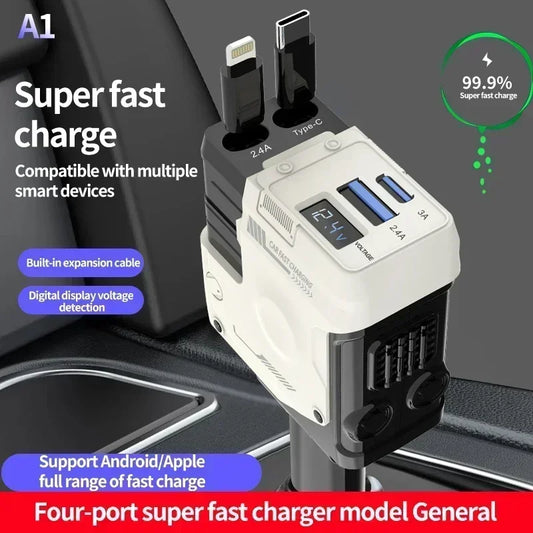 4-in-1-Ladegerät – Einziehbarer Zigarettenanzünder-Adapter mit USB Typ-C und Schnellladung