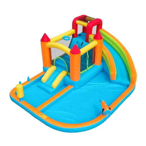 Multifunctioneel Opblaasbaar Springkasteel met Waterglijbaan, Trampoline & Basketbalring – Voor Kinderen – Met Blower