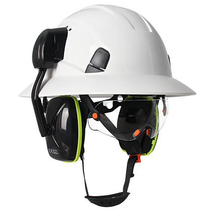 CE Full Brim Veiligheidshelm met Bril & Oorkappen – HDPE Bouwhelm met Zonrand voor Bouw, Olie & Industrie