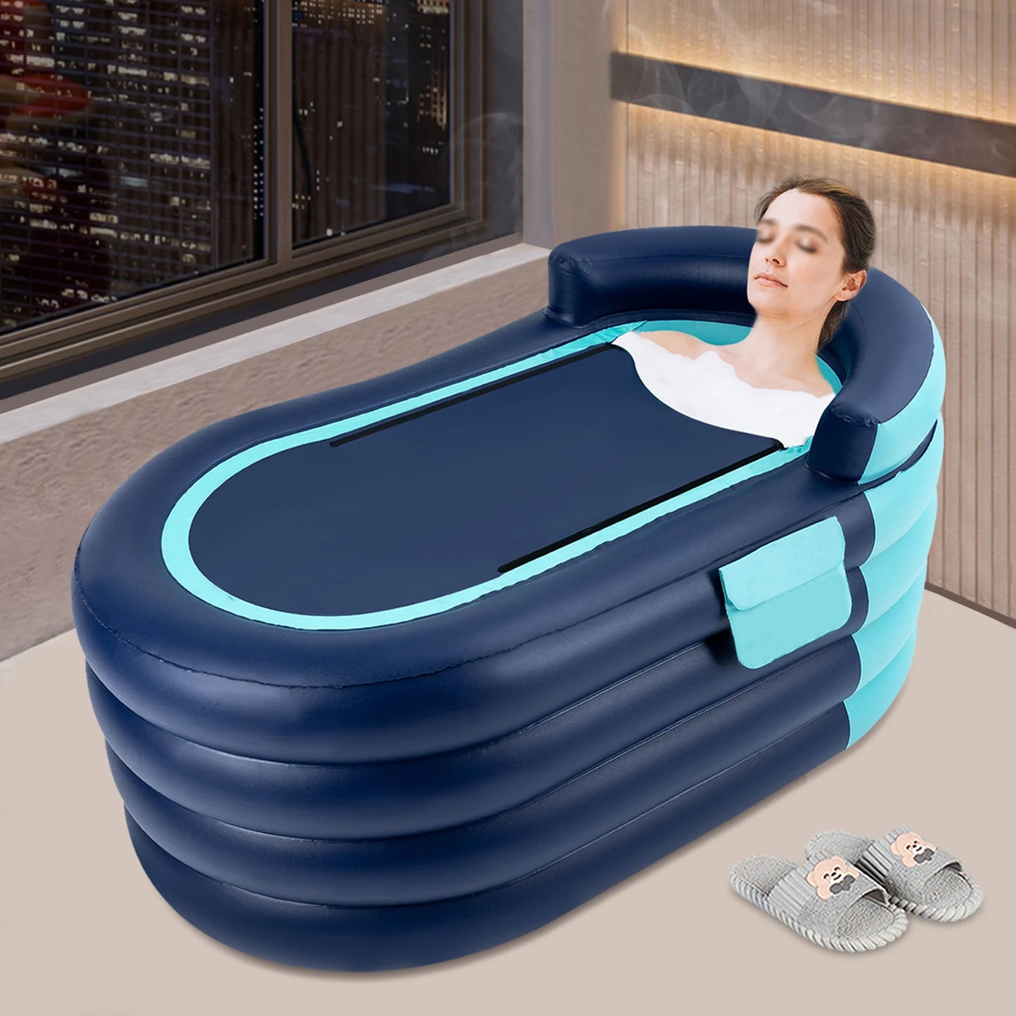 Opblaasbaar Bad met Douchehoes – PVC, 307x511x213 cm, Draadloze Pomp, Vouwbaar voor Stressverlichting en Relaxatie