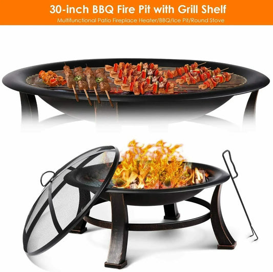 30" Stalen Vuurschaal & BBQ Grill | Outdoor Fire Pit voor Tuin & Camping