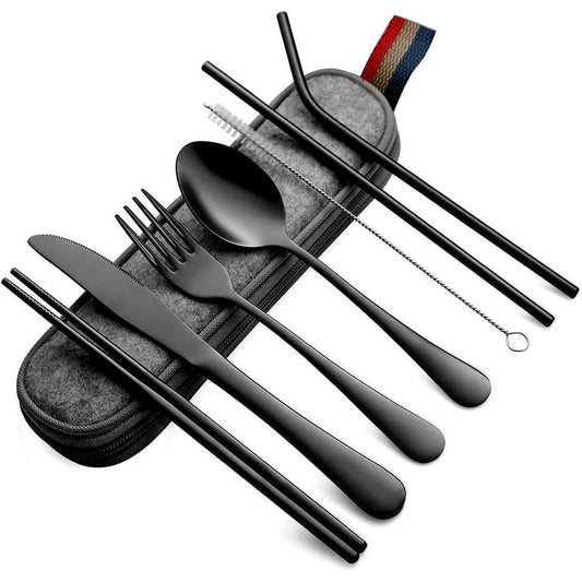 8-teiliges tragbares Besteckset – ideal für Outdoor, Picknick, Reisen und Studenten – Gabel, Löffel, Messer und Essstäbchen in kompakter Aufbewahrungsbox