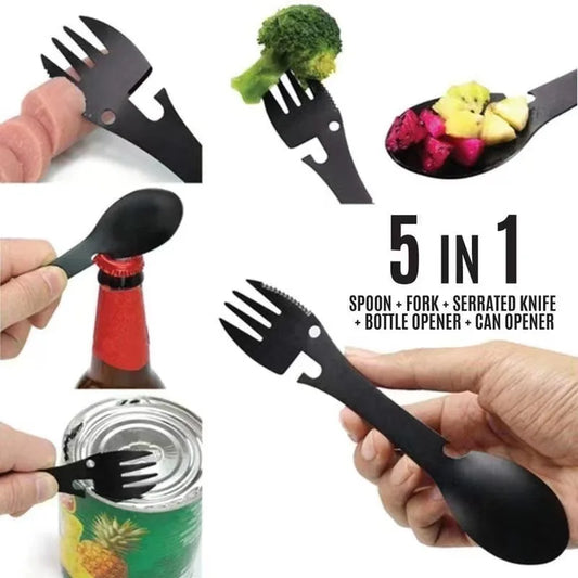 5-in-1 Outdoor-Survival-Tool – multifunktionales EDC-Campingbesteck – Löffel, Gabel, Messer, Flaschenöffner und Dosenöffner