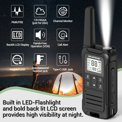 2 Stück Baofeng F22 Mini-Walkie-Talkie – PMR/FRS-lizenzfrei, wasserabweisend, Typ-C wiederaufladbar, mit NOAA, ideal für die Jagd