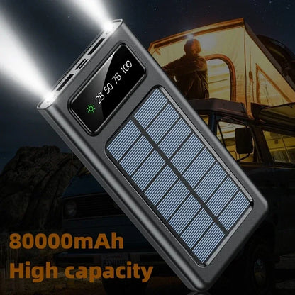 Super Grote Capaciteit Powerbank 2024 – Snelladen met Solar, LED Lamp, Ingebouwde Kabels & USB Poorten