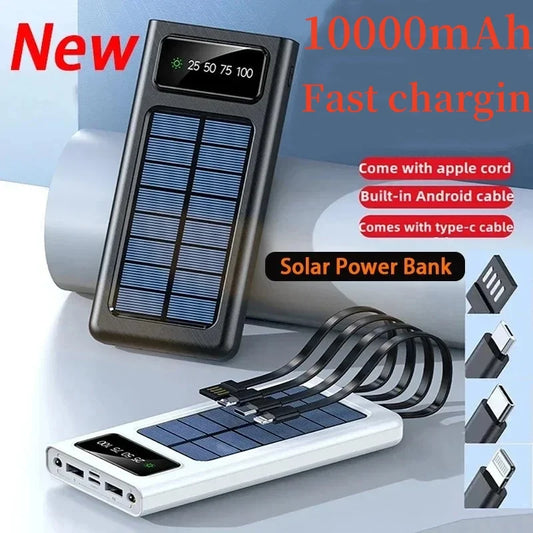 Super Grote Capaciteit Powerbank 2024 – Snelladen met Solar, LED Lamp, Ingebouwde Kabels & USB Poorten