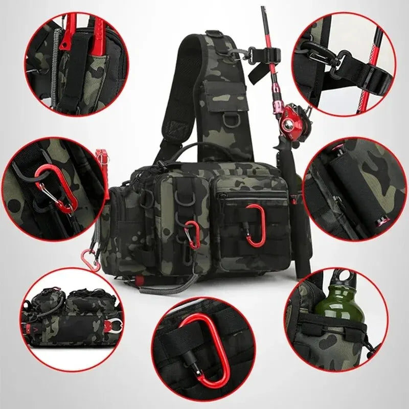 600D Angelrucksack mit Rutenhalter – Angeltasche mit mehreren Fächern zum Angeln, Wandern und Outdoor
