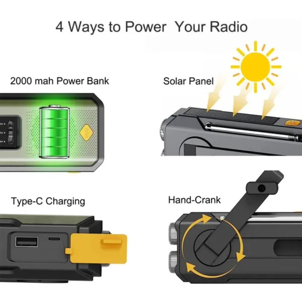 Multifunctionele Weer- en Noodradio – Handcrank, Solar, USB Opladen, Powerbank, LED Zaklamp