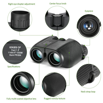 10x25 Compacte Verrekijker – Krachtige Outdoor Telescoop voor Vogelspotten, Concerten en Reizen