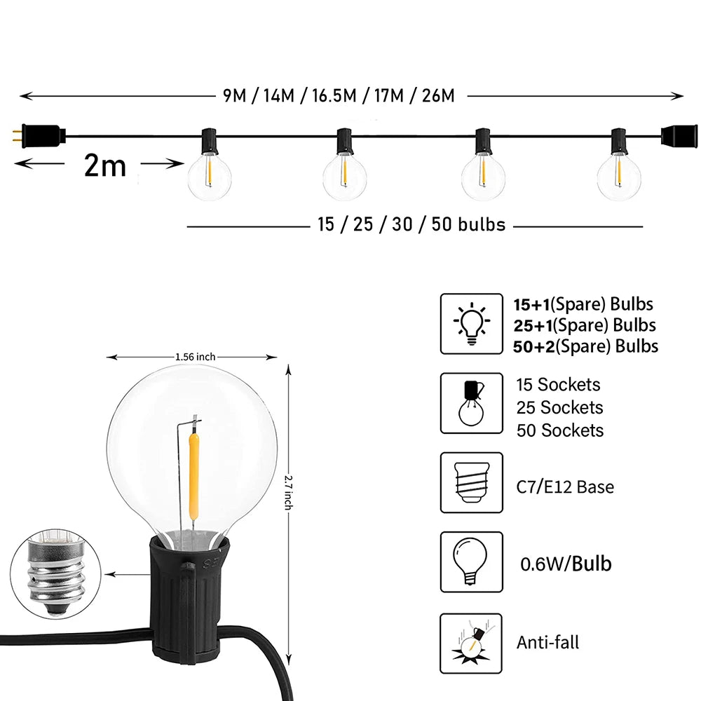 LED-Globus-Lichterkette G40 – wasserdichte dekorative Außenbeleuchtung – perfekt für Weihnachten, Partys, Garten und Terrasse