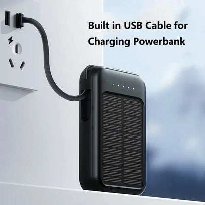 Snelladende Compacte Powerbank – Met Ingebouwde Kabels, Solar LED Licht, Geschikt voor Samsung, Apple & Xiaomi