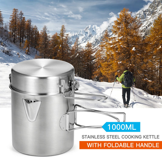 1L RVS Campingketel - Draagbare Outdoor Pot met Inklapbare Handgreep voor Kamperen & Backpacken