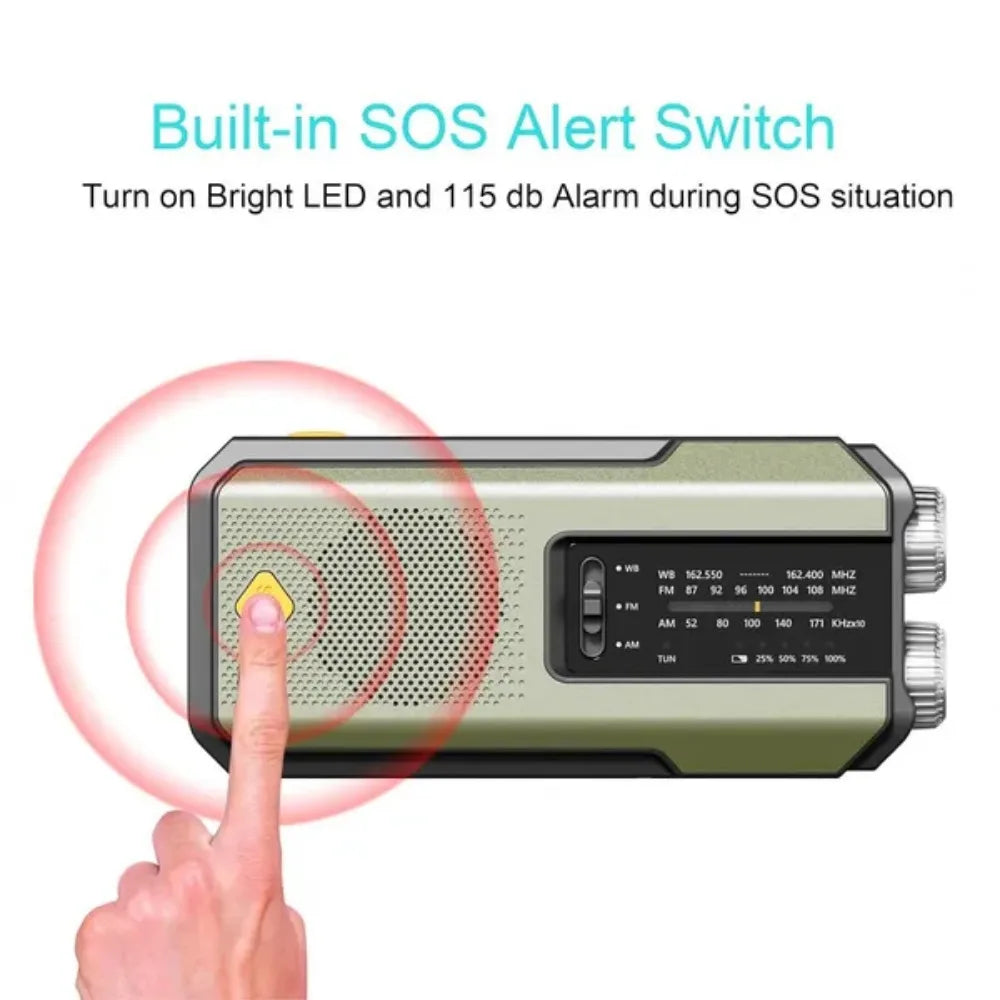 Multifunctionele Weer- en Noodradio – Handcrank, Solar, USB Opladen, Powerbank, LED Zaklamp