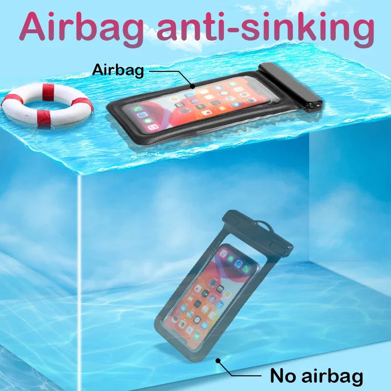 Drijvende Waterdichte Zwemtas met Luchtkussen voor iPhone, Samsung, Xiaomi en Huawei – Onderwater Telefoonhoesje met Touchscreen, Geschikt voor iPhone 11/12/13/14 Pro Max, Samsung S23/S22, Xiaomi 13, Huawei P30/20 Lite