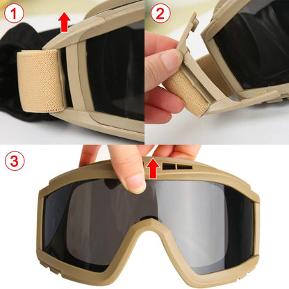 Airsoft Tactische Goggles – 3 Lensen, Wind- en Stofdicht, Veiligheidsbril voor Schieten en Outdoor Sporten
