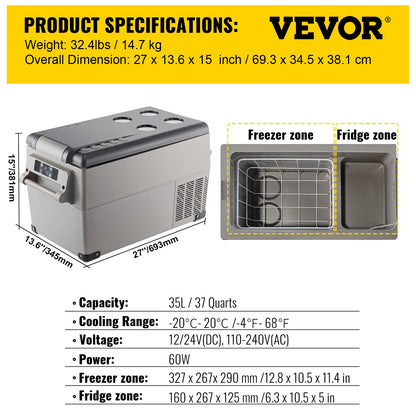 Draagbare Auto Koelkast – Mini Compressor Koeler 20L tot 55L, 12/24V DC & 110-240V AC, Voor Camping en Reis