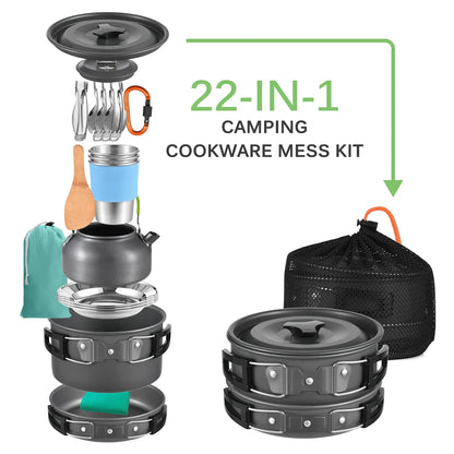 21-teiliges Camping Kochset – Leichtes Topf- und Pfannenset für Outdoor, Camping und Survival