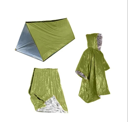 Outdoor Notfallset – 3-teiliges Set mit Zelt, Regenmantel und Schlafsack für Erste Hilfe und Isolation