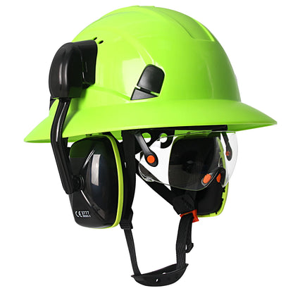 CE Full Brim Veiligheidshelm met Bril & Oorkappen – HDPE Bouwhelm met Zonrand voor Bouw, Olie & Industrie
