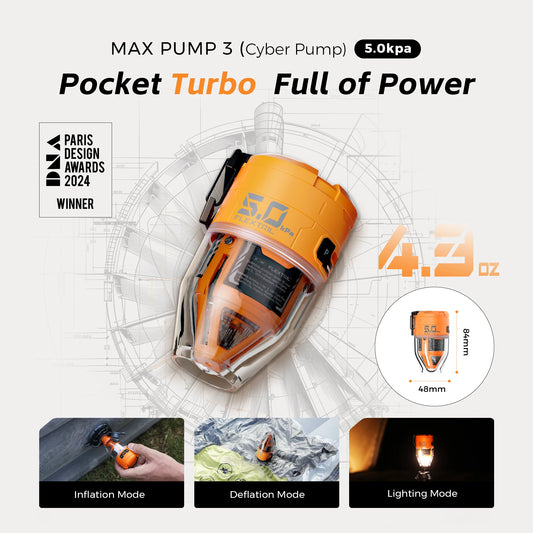 MAX PUMP 3 | Draagbare Elektrische Luchtpomp met 3 Verlichtingsmodi voor Luchtbedden, Slaapmatten en Vacuümzakken