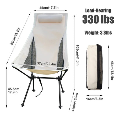 Draagbare Vouwbare Campingstoel met Hoofdsteun | Lichtgewicht Aluminium Stoel voor Outdoor, Visserij en Toerisme