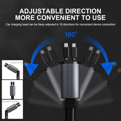 120W 4-in-1 Intrekbare Autolader – USB Type-C Kabel voor iPhone, Xiaomi, Huawei, Samsung Snelladen Sigarettenaanstekeradapter