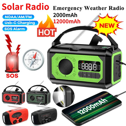 12000mAh Noodradio met Zonnepaneel & Crank – Draagbare AM/FM Radio, Powerbank & Zaklamp voor Outdoor Survival