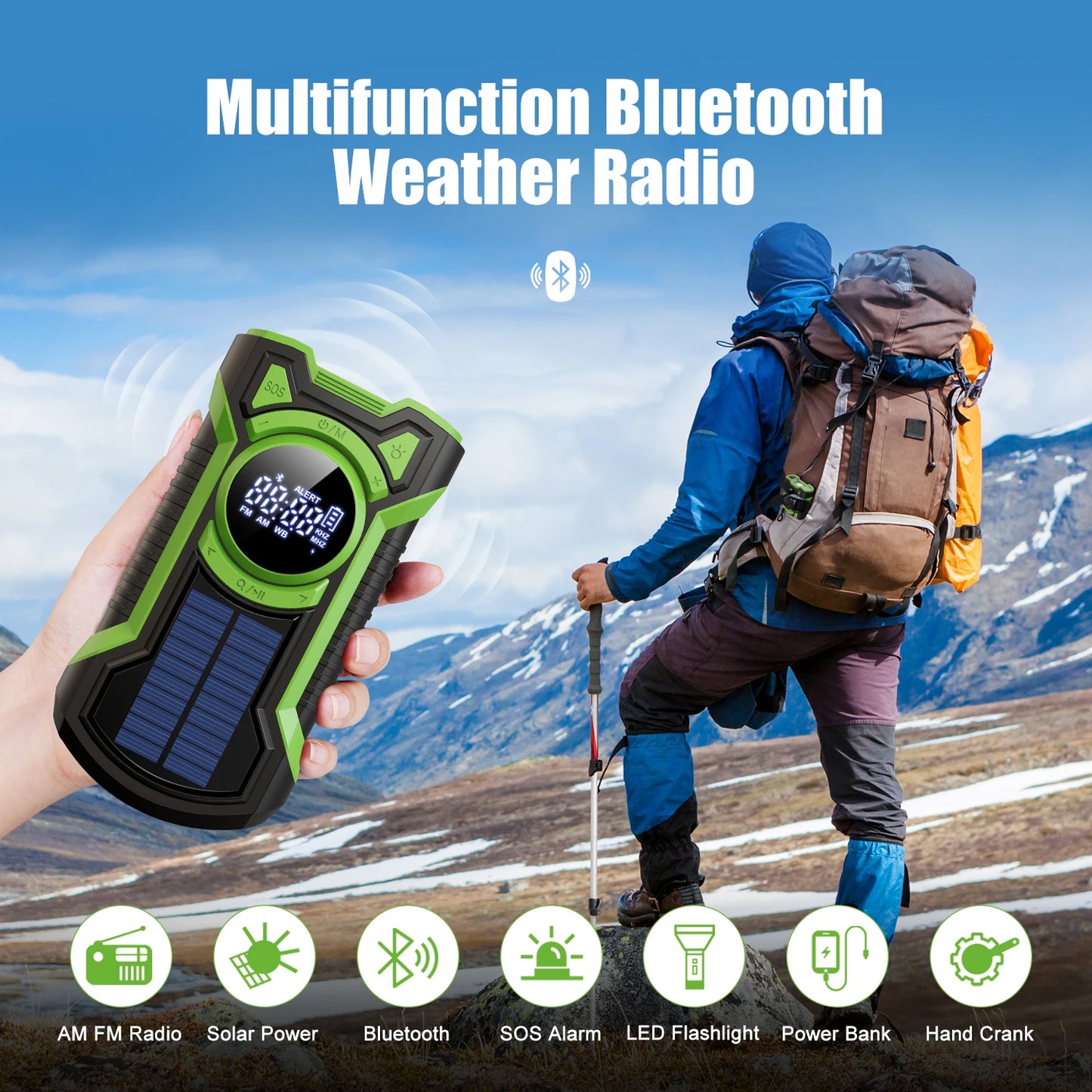 Emergency Radio Hand Crank Solar 5000mAh | IP65 Waterdichte Draagbare AM/FM/NOAA Radio met Bluetooth 5.3