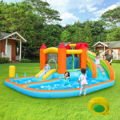 Multifunctioneel Opblaasbaar Springkasteel met Waterglijbaan, Trampoline & Basketbalring – Voor Kinderen – Met Blower