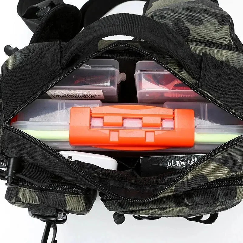 600D Angelrucksack mit Rutenhalter – Angeltasche mit mehreren Fächern zum Angeln, Wandern und Outdoor