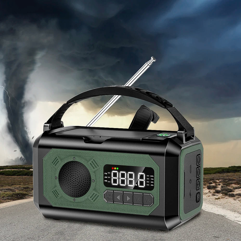 12000mAh Noodradio met Zonnepaneel & Crank – Draagbare AM/FM Radio, Powerbank & Zaklamp voor Outdoor Survival